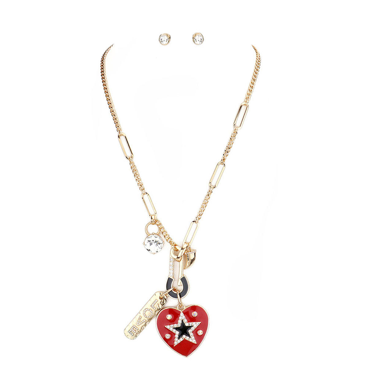 Rhinestone SafetyPin Love Star Enamel Heart Pendant Necklace by Madeline Love