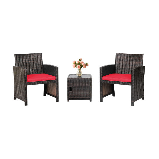 3 Pieces Patio Wicker Furniture Set with Storage Table and Protective Cover-Red