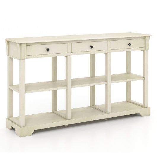 58 Inch Retro Console Table with 3 Drawers and Open Shelves Rectangular Entryway Table-White