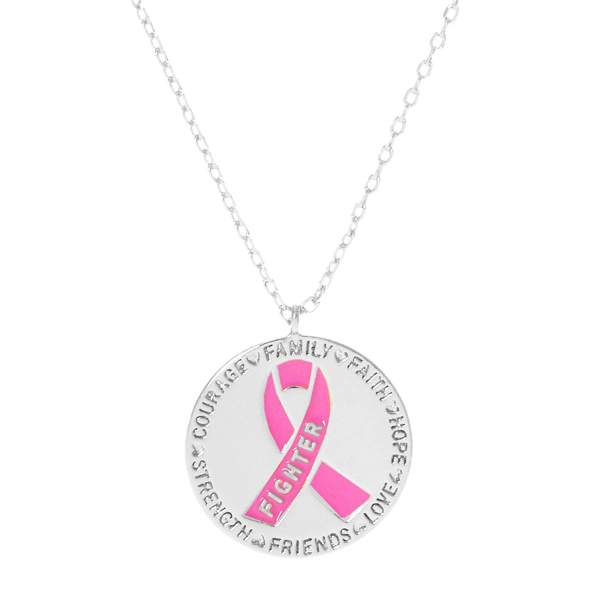 Gold Dipped Enamel Pink Ribbon Accented Metal Disc Necklace by Madeline Love