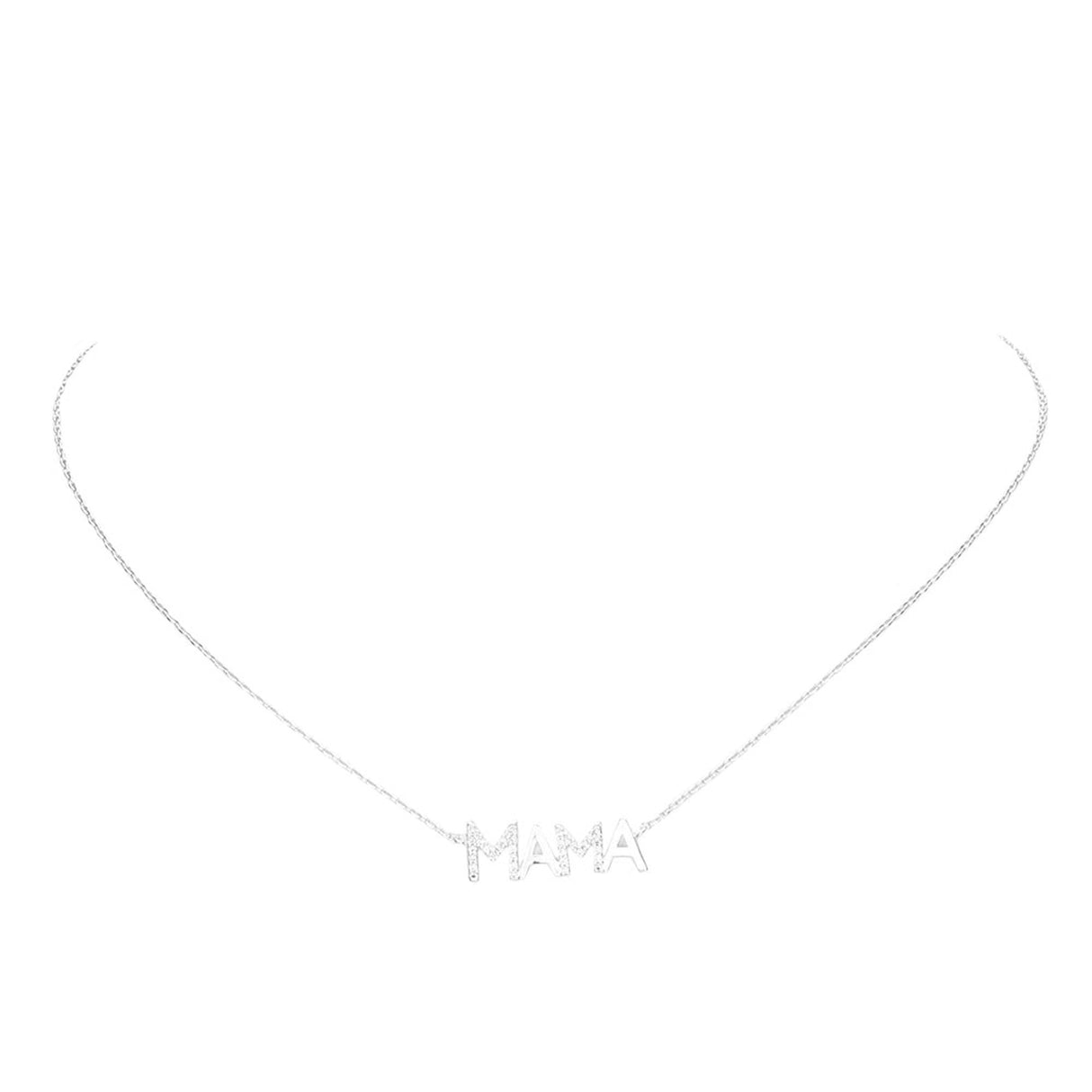 White Gold Dipped CZ Mama Metal Message Pendant Necklace by Madeline Love