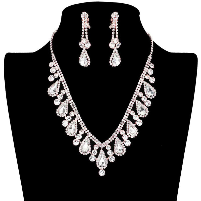 Crystal Rhinestone Teardrop Necklace Clip on Earring Set by Madeline Love