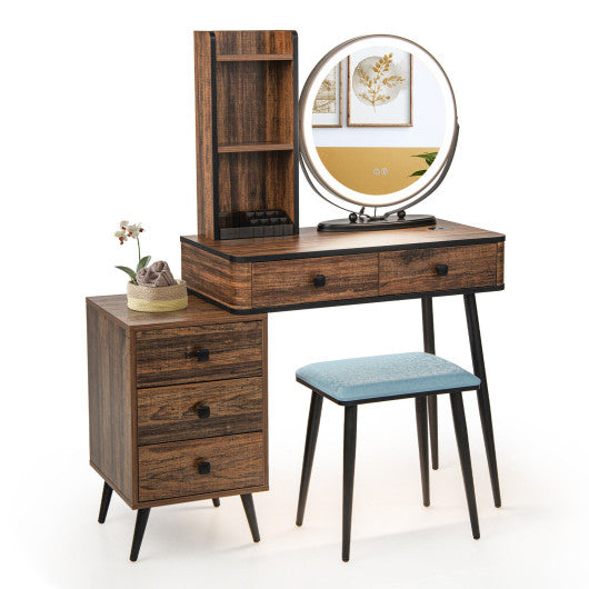 Vanity Table Set with 3-Color Lighted Mirror and Cushioned Stool-Rustic Brown