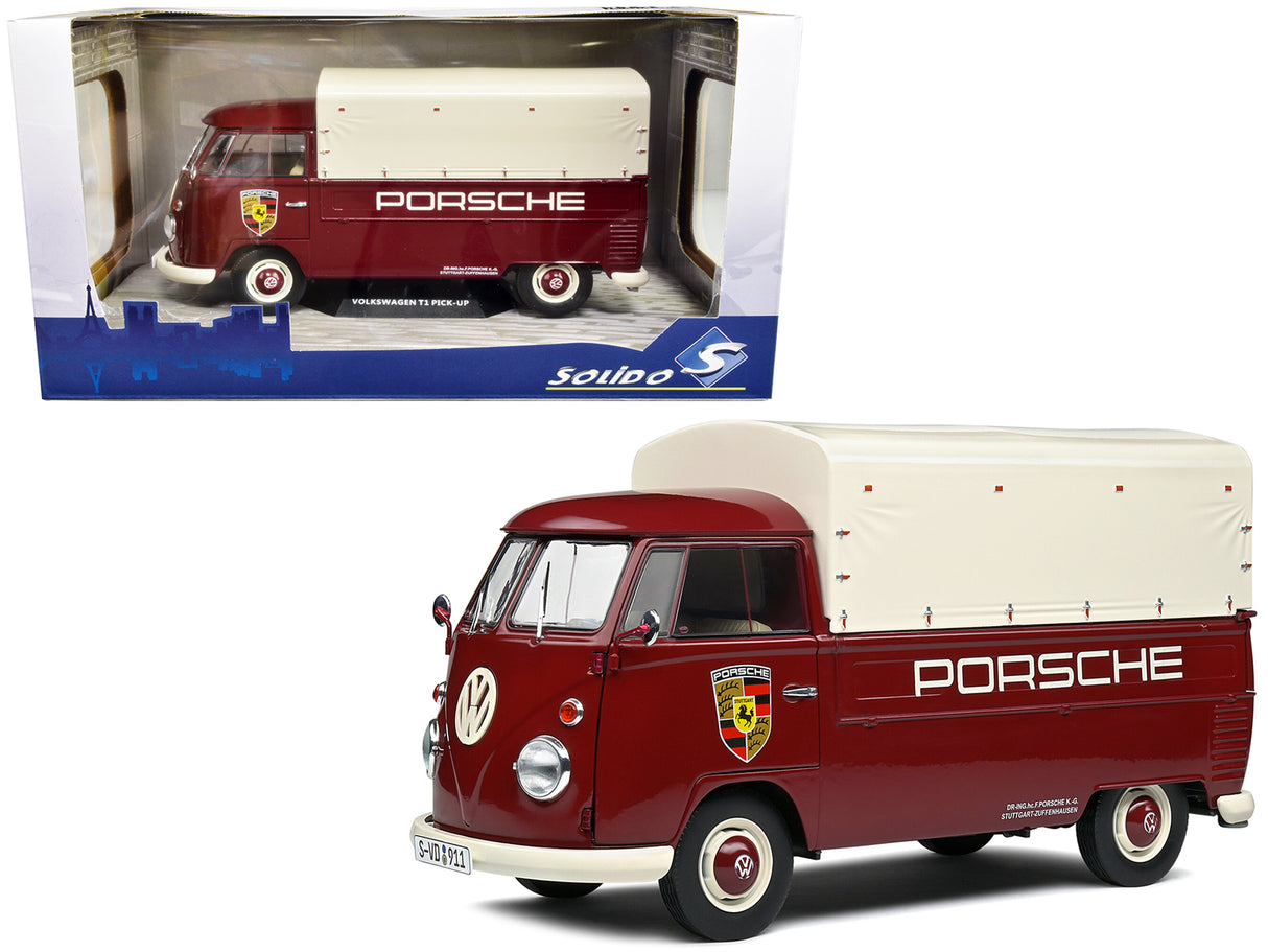 1950 Volkswagen T1 Pickup Truck with Camper Shell Dark Red "Porsche Service" 1/18 Diecast Model Car by Solido