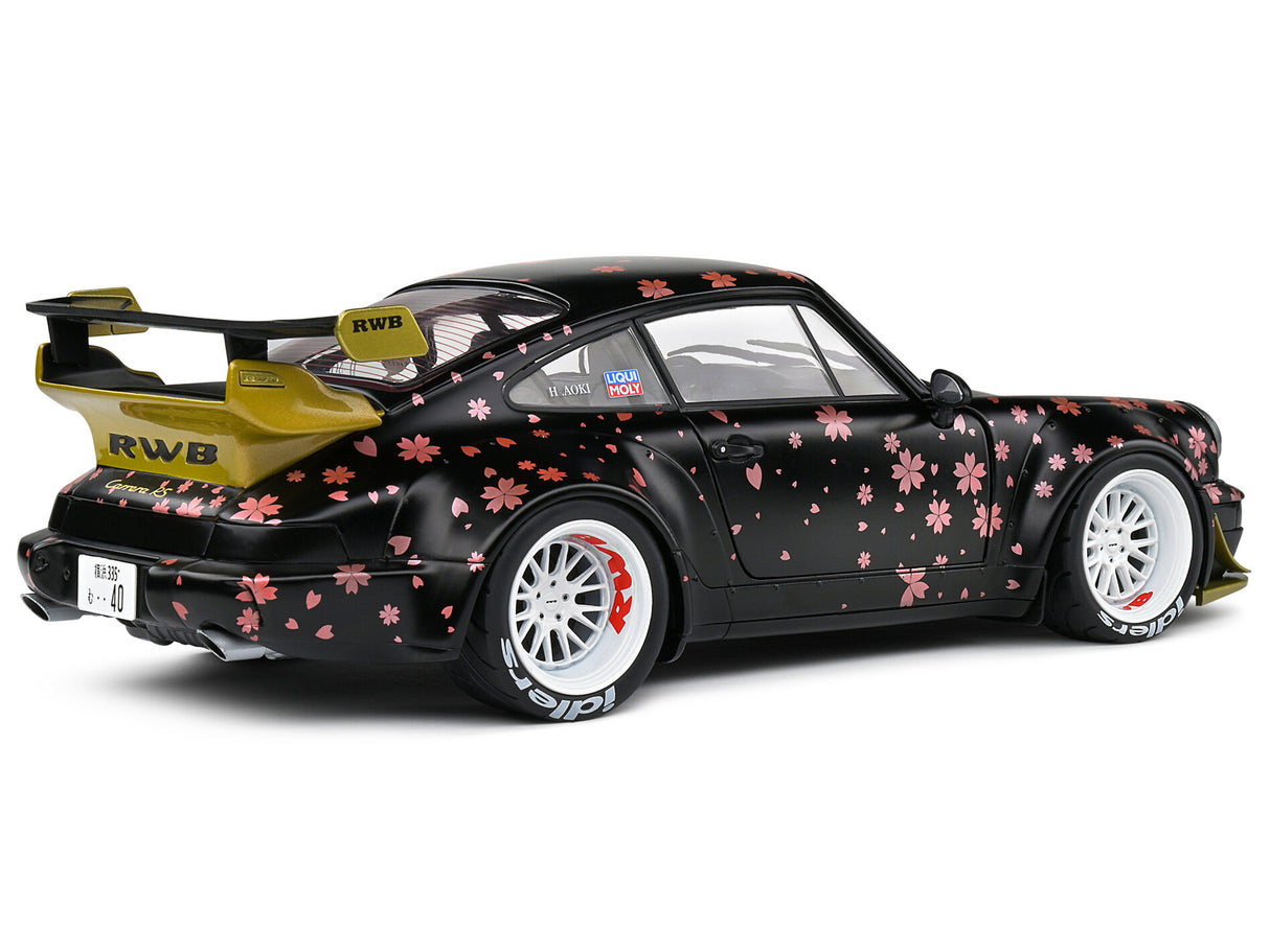 2021 RWB Aoki Matt Black with Cherry Blossom Graphics "Rauh WeltBegriff" 1/18 Diecast Model Car by Solido