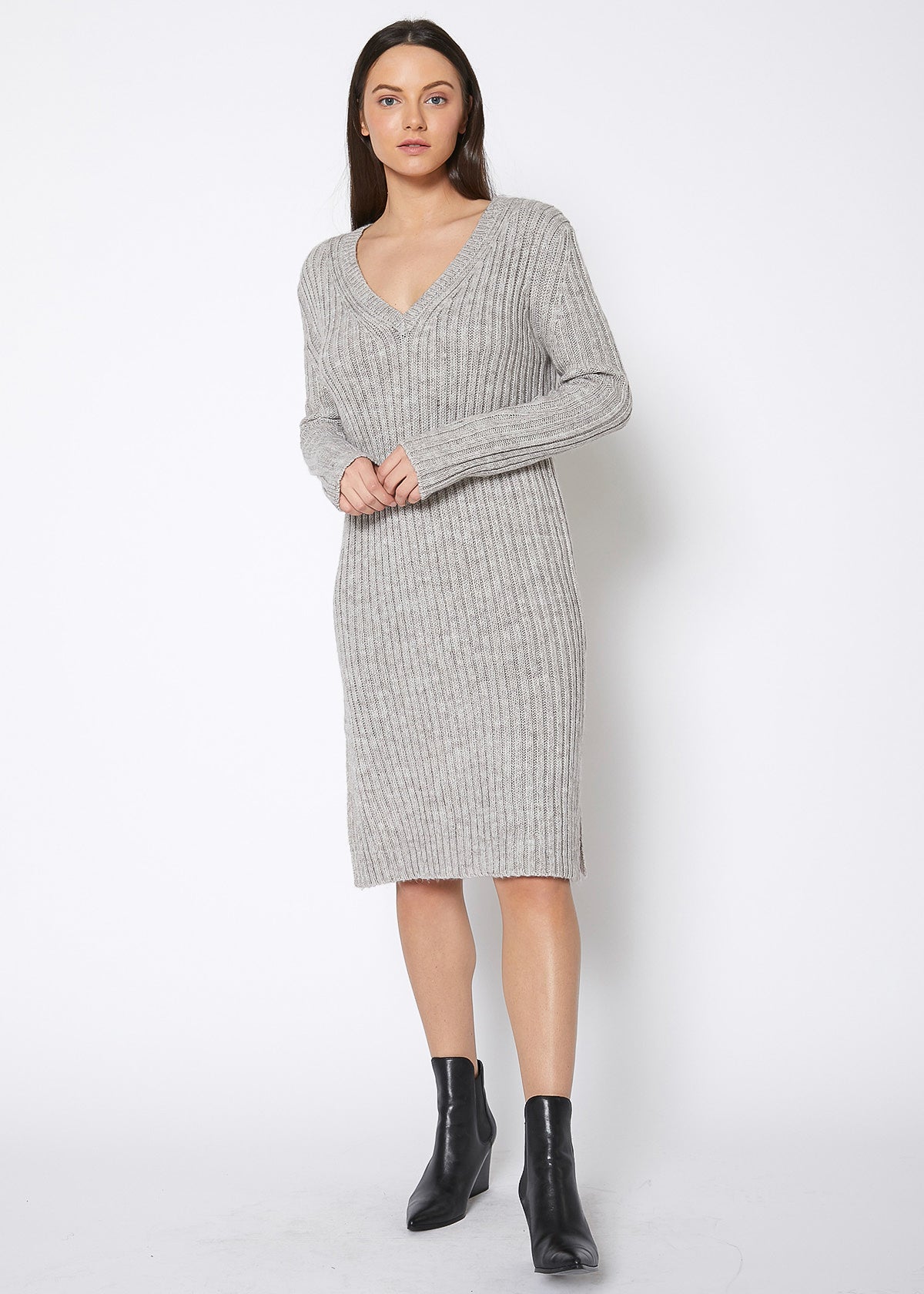 Ribbed Knit V Neck Sweater Midi Dress by Shop at Konus