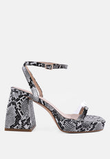 such flirt snake print triangular block heel sandals by London Rag