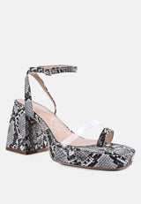 such flirt snake print triangular block heel sandals by London Rag