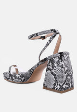 such flirt snake print triangular block heel sandals by London Rag