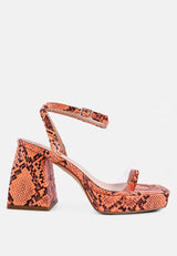 such flirt snake print triangular block heel sandals by London Rag