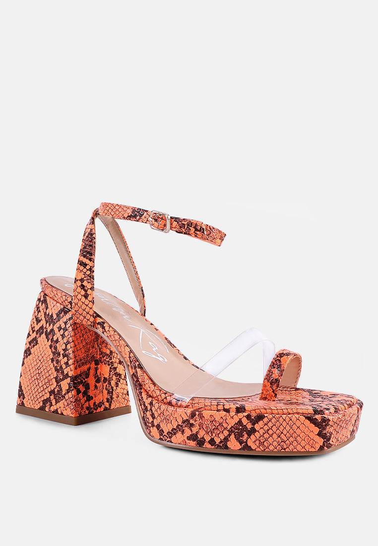 such flirt snake print triangular block heel sandals by London Rag