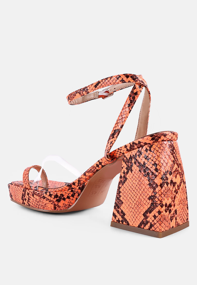 such flirt snake print triangular block heel sandals by London Rag