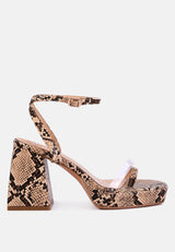 such flirt snake print triangular block heel sandals by London Rag