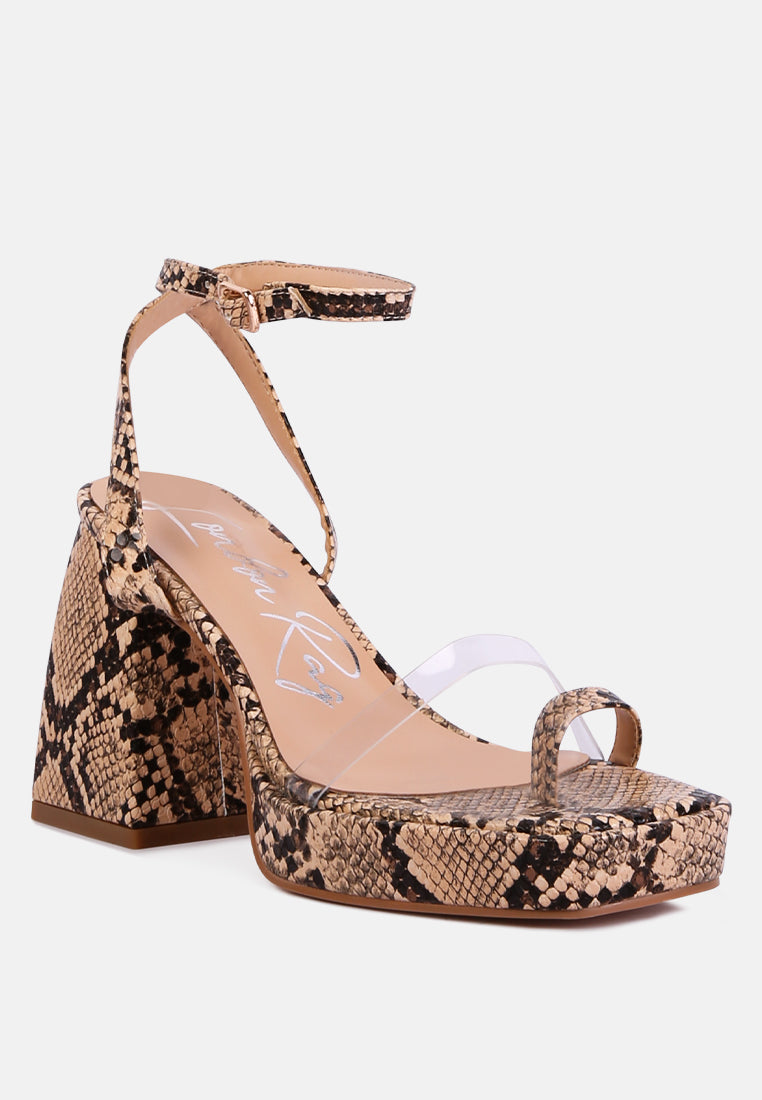 such flirt snake print triangular block heel sandals by London Rag