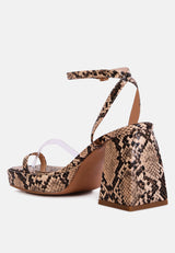 such flirt snake print triangular block heel sandals by London Rag