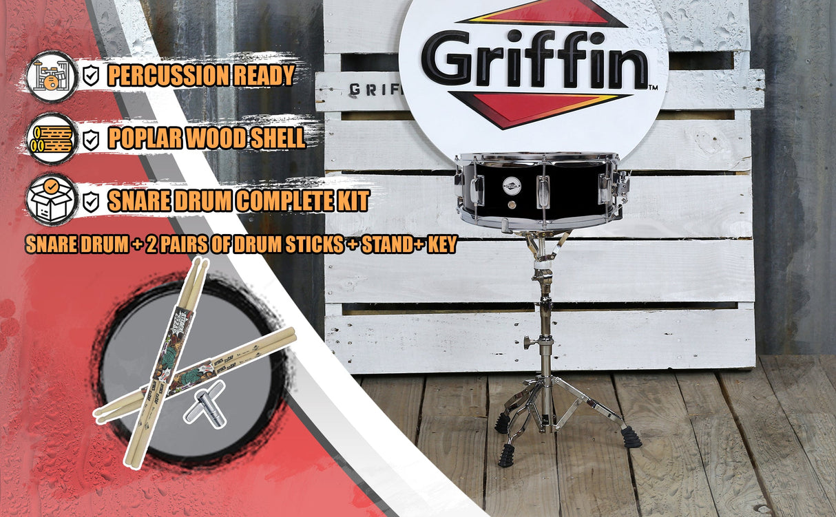 GRIFFIN Snare Drum Kit with Snare Stand, 2 Pairs of Drum Sticks & Drum Key | Wood Shell Drum Set, Maple Sticks, Chrome Holder Acoustic Marching Percussion Musical Instrument Practice Package by GeekStands.com