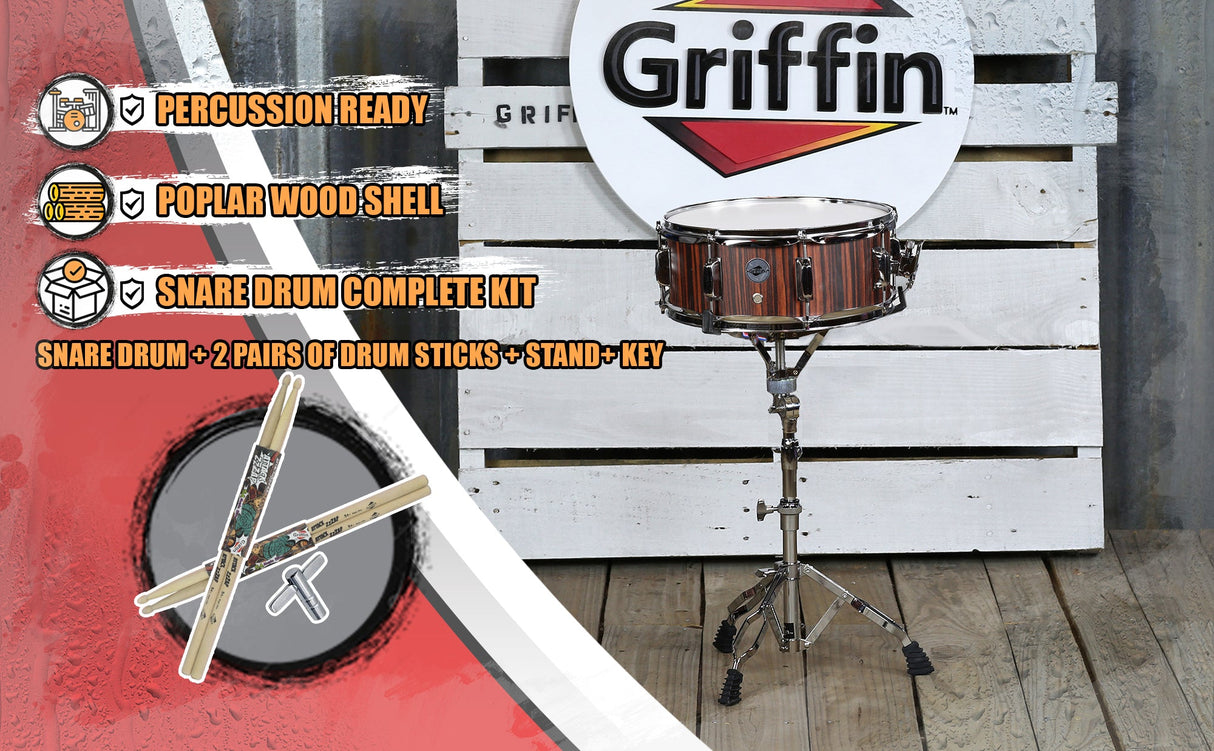 Snare Drum Set by GRIFFIN - Includes Snare Stand, 2 Pairs of Maple Drum Sticks & Drum Key | Wood Shell Drum Set, Chrome Holder Acoustic Marching Percussion Musical Instrument Practice Package by GeekStands.com