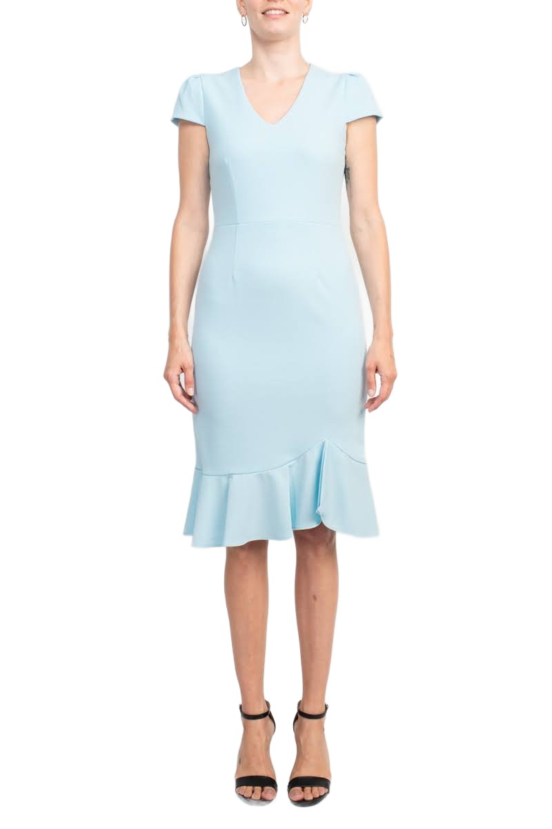 Sage Collective V-Neck Cap Sleeve Bodycon Zipper Back Ruffled Hem Crepe Dress by Curated Brands