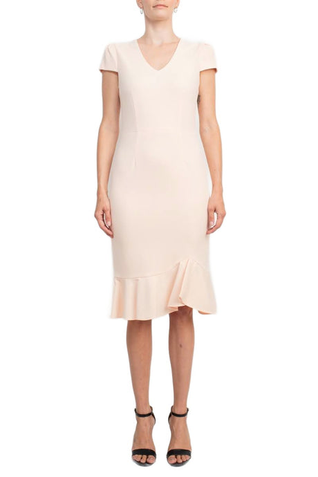 Sage Collective V-Neck Cap Sleeve Bodycon Zipper Back Ruffled Hem Crepe Dress by Curated Brands