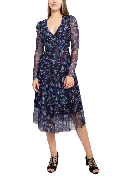 Sage Collective V-Neck Long Sleeve Tie Waist Floral Print Power Mesh Dress by Curated Brands