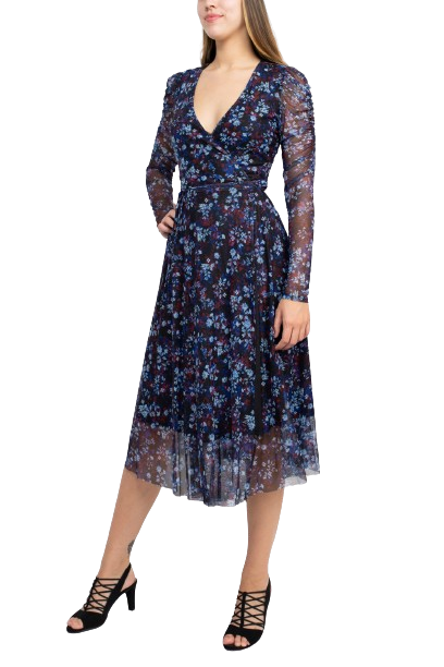 Sage Collective V-Neck Long Sleeve Tie Waist Floral Print Power Mesh Dress by Curated Brands