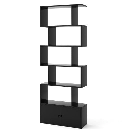 6-Tier S-Shaped Freestanding Bookshelf with Cabinet and Doors-Black