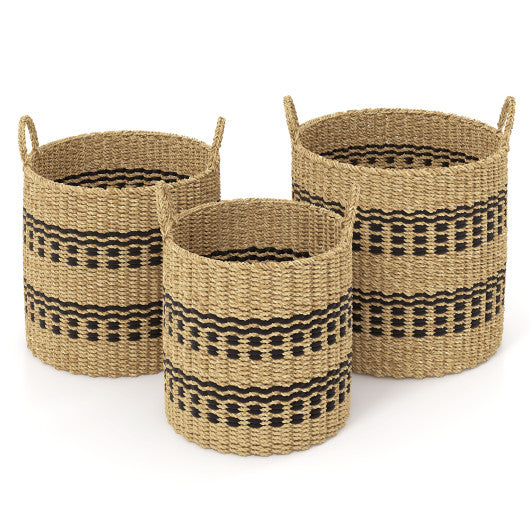 Seagrass Basket Set of 3 Stackable Storage Bins with Handles Woven Round Basket-M