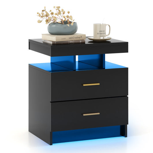 LED Nightstand with 2 Storage Drawers for Bedroom-Black