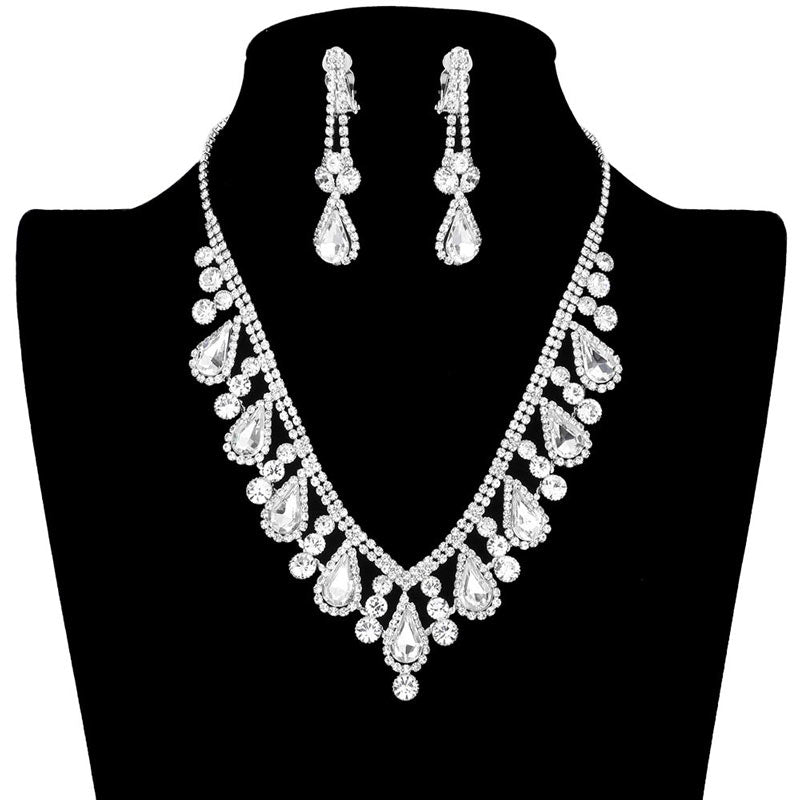 Crystal Rhinestone Teardrop Necklace Clip on Earring Set by Madeline Love