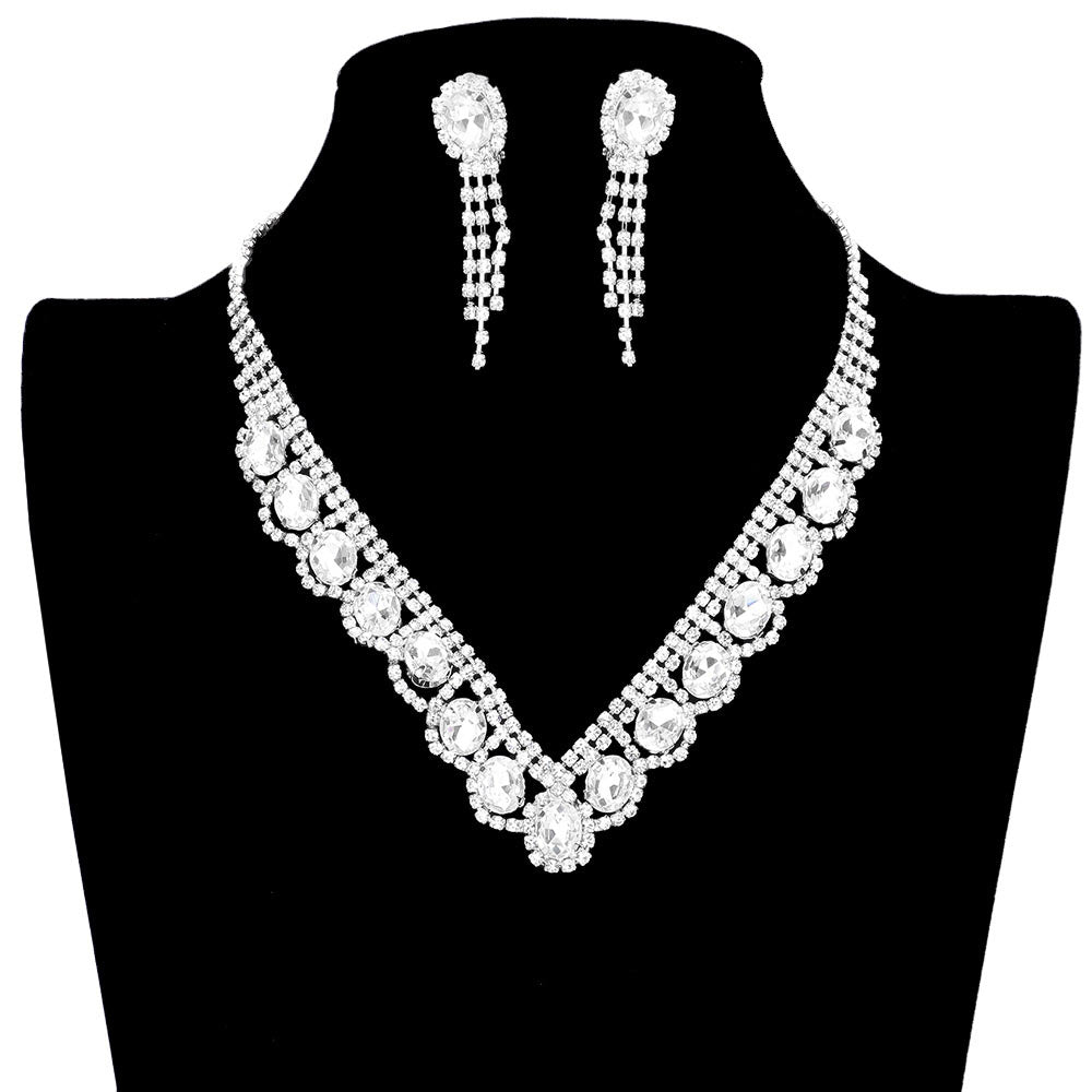 Oval Stone Accented V Shaped Rhinestone Necklace Earring Set by Madeline Love