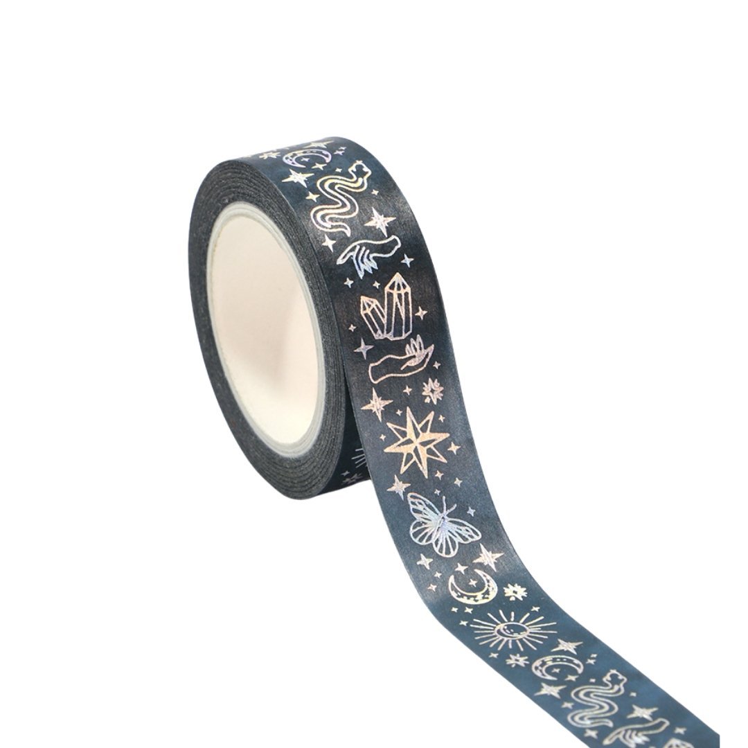 Silver Snake Washi Tape | Snake and Crystal Motif on Black | Gift Wrapping and Craft Tape by The Bullish Store