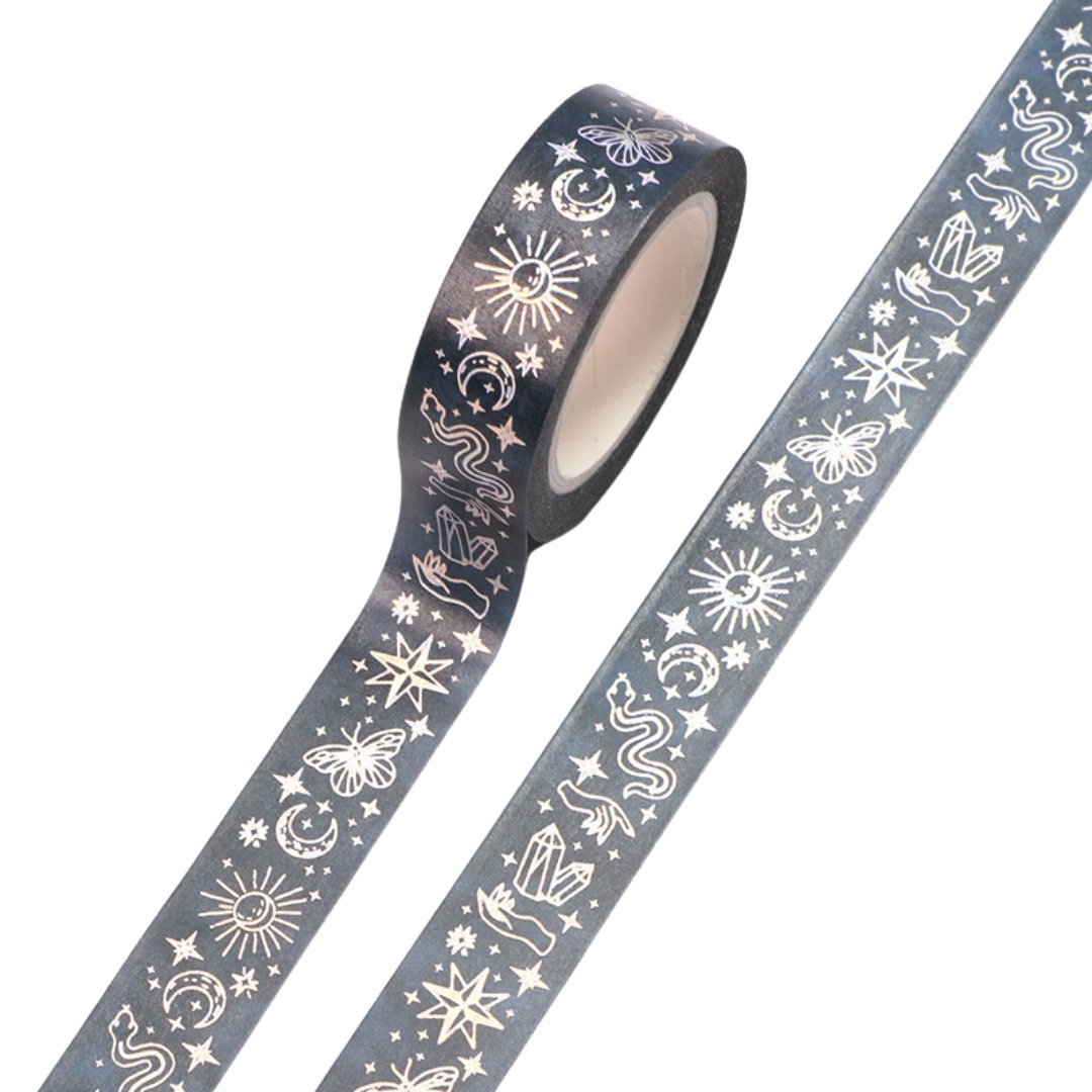 Silver Snake Washi Tape | Snake and Crystal Motif on Black | Gift Wrapping and Craft Tape by The Bullish Store