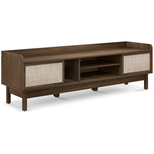 Sliding Door TV Stand for 65 Inch TV with Woven Doors-Walnut