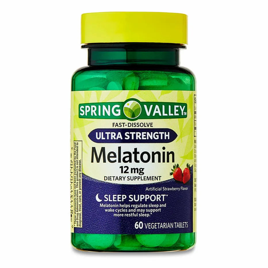 Ultra Strength Melatonin Sleep Support Spring Valley Dietary Supplement Fast-Dissolve Tablets, 12 mg, 60 Count by College Liquidation