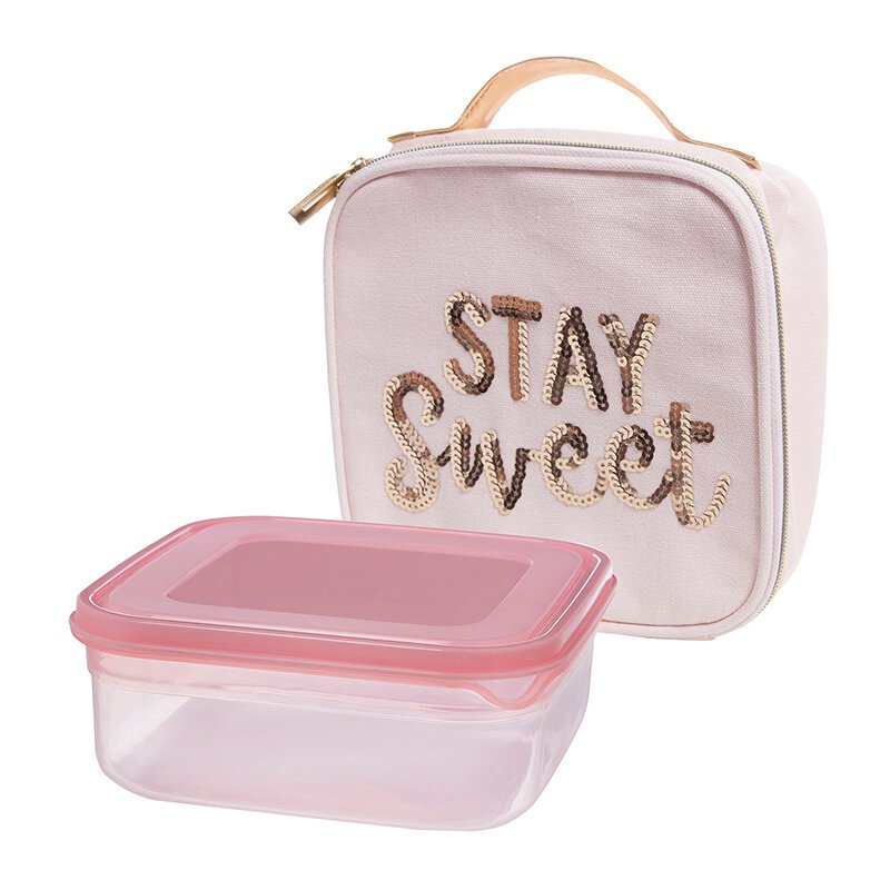 Stay Sweet Pink Combo Lunch Set | Sequin Embellished Lunch Bag and 6.25" Square Food Container by The Bullish Store