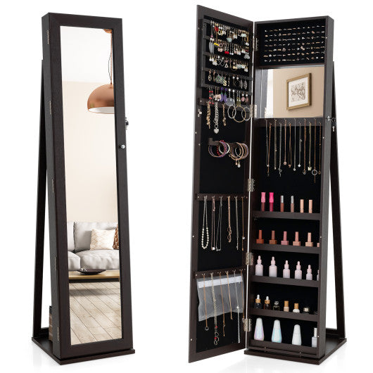 Standing Lockable Jewelry Storage Organizer with Full-Length Mirror-Coffee