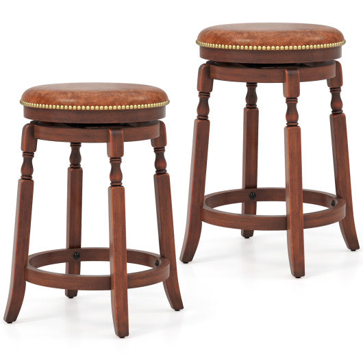 24 Inch Swivel Bar Stool Set of 2 with Upholstered Seat and Rubber Wood Frame-24 inches