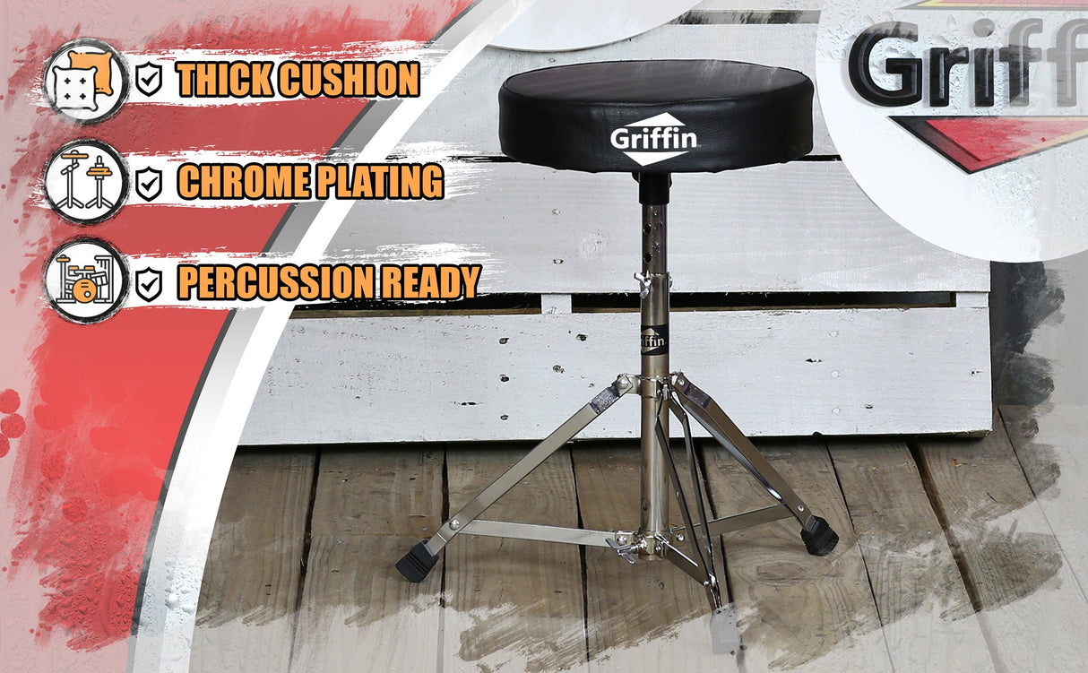 Drum Throne Stand by GRIFFIN | Padded Drummer’s Seat | Comfortable Drum Set Percussion Chair for Adults | Professional Musicians Guitar Stool Double Braced Hardware for Practice with Adjustable Height by GeekStands.com