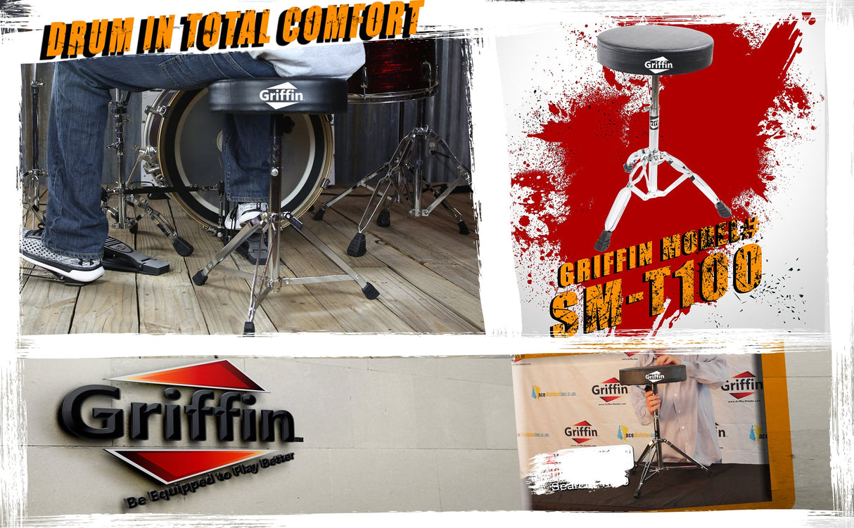 Drum Throne Stand by GRIFFIN | Padded Drummer’s Seat | Comfortable Drum Set Percussion Chair for Adults | Professional Musicians Guitar Stool Double Braced Hardware for Practice with Adjustable Height by GeekStands.com