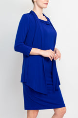 Connected Apparel cowl neck  long sleeve solid faux two piece matte jersey jacket dress by Curated Brands