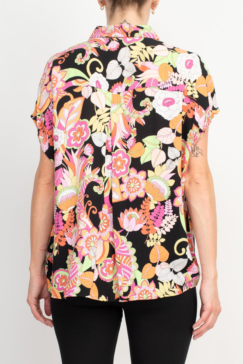 Floral & Ivy Floral Top - Versatile Black Red Yellow Mixed Jersey Knit Top by Curated Brands