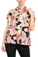 Floral & Ivy Floral Top - Versatile Black Red Yellow Mixed Jersey Knit Top by Curated Brands