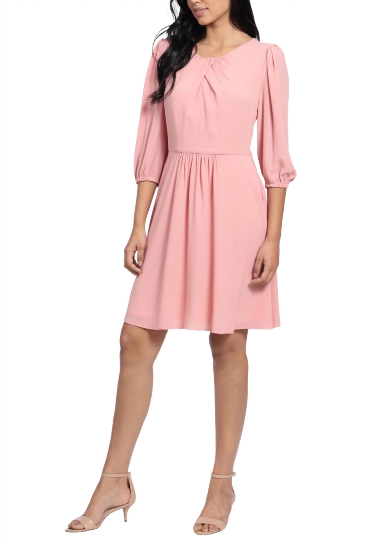 London Times Pleated Scoop Neck Elbow Sleeve Solid Fit & Flare Crepe Dress by Curated Brands