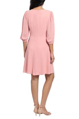 London Times Pleated Scoop Neck Elbow Sleeve Solid Fit & Flare Crepe Dress by Curated Brands