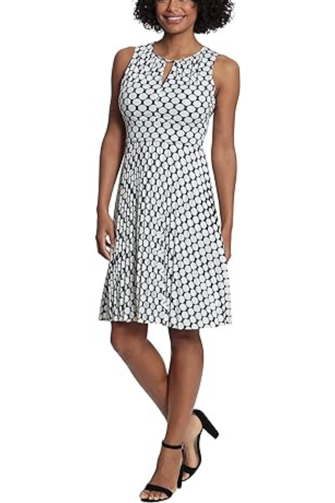 London Times Sleeveless Keyhole Neck Polka Dot Dress with Pleated Skirt by Curated Brands