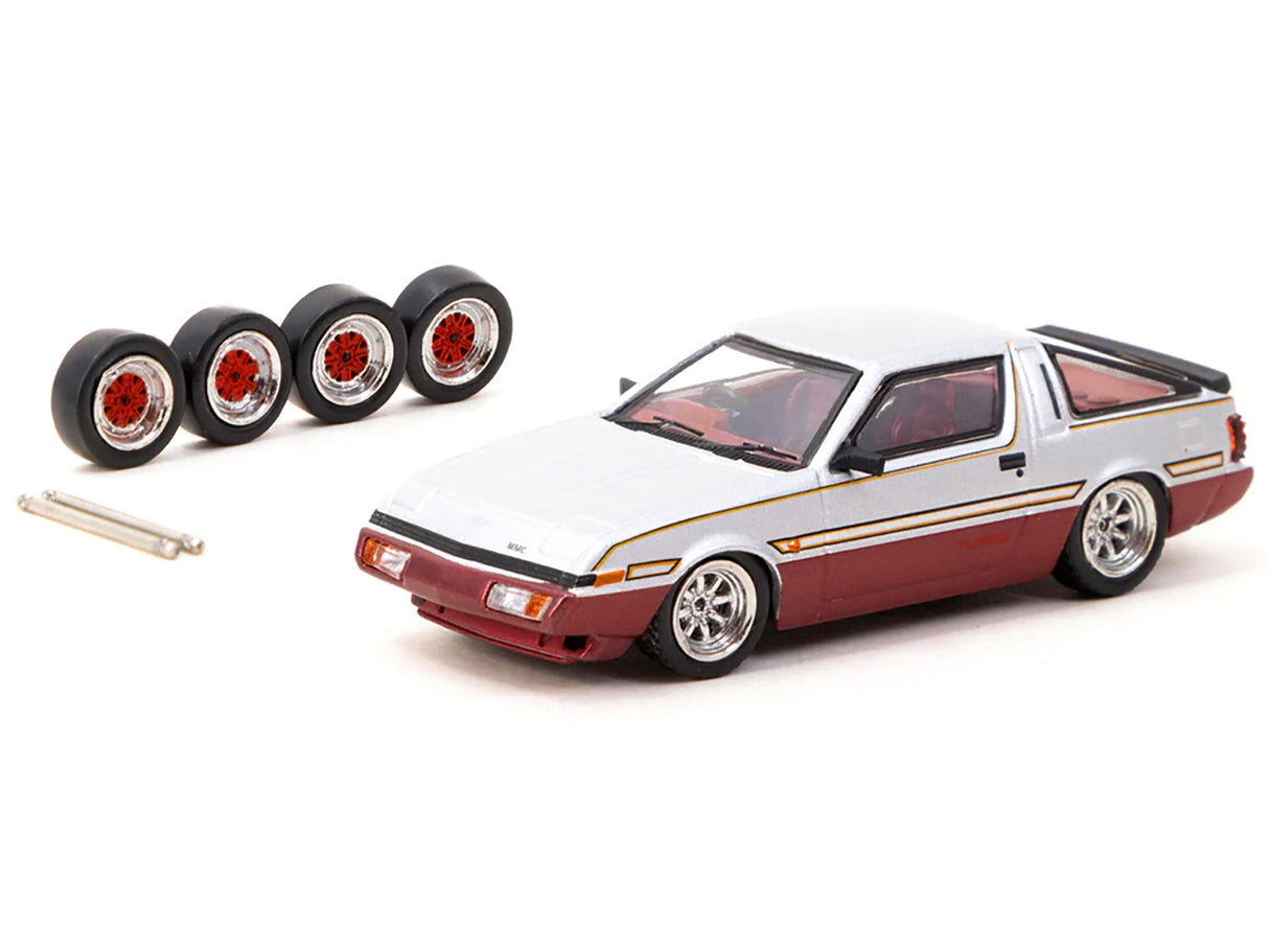 Mitsubishi Starion RHD (Right Hand Drive) Silver Metallic and Dark Red with Red Interior with Extra Wheels "Road64" Series 1/64 Diecast Model Car by Tarmac Works