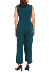 London Times V-neck sleeveless zipper closure pleated front straight pant scuba crepe jumpsuit by Curated Brands