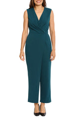 London Times V-neck sleeveless zipper closure pleated front straight pant scuba crepe jumpsuit by Curated Brands