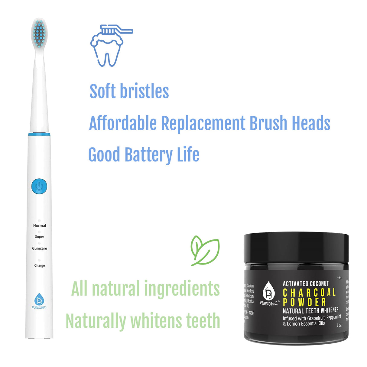 USB Rechargeable Rotary Toothbrush + Freebie Activated Coconut Charcoal Powder Natural Teeth Whitener by Pursonic