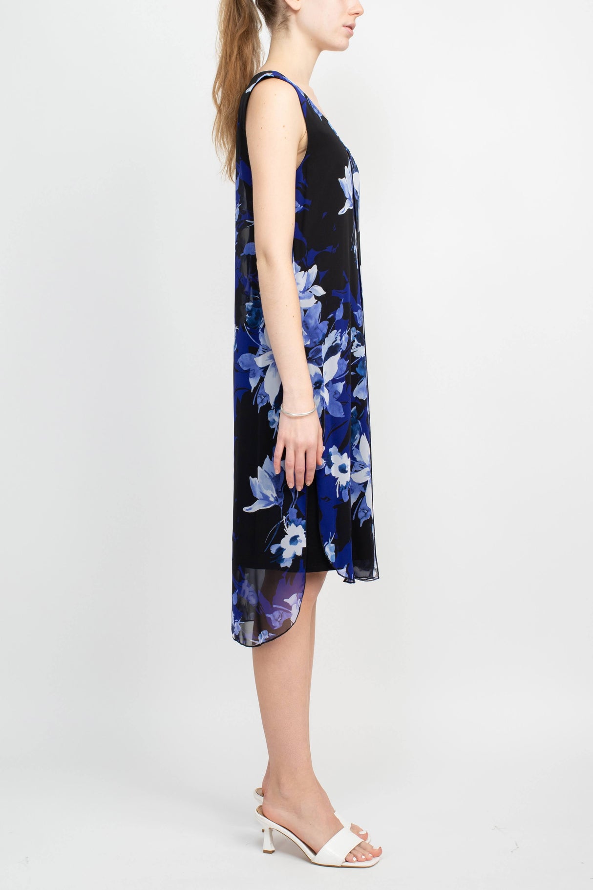 Connected Apparel V-Neck Sleeveless Floral Print Chiffon Overlay Slit Side Dress by Curated Brands